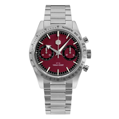 Silver watch with a red face on a white background