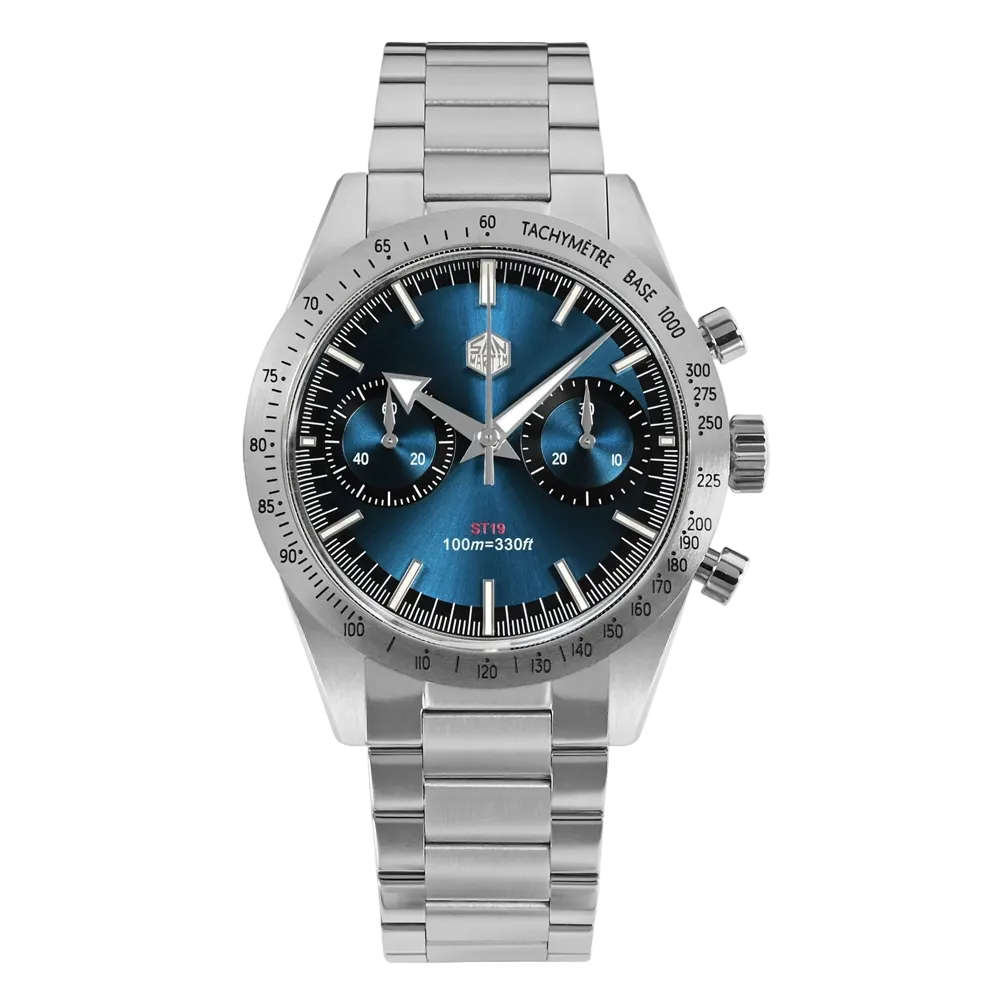 Silver watch with blue face on a white background