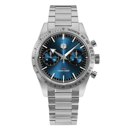 Silver watch with blue face on a white background