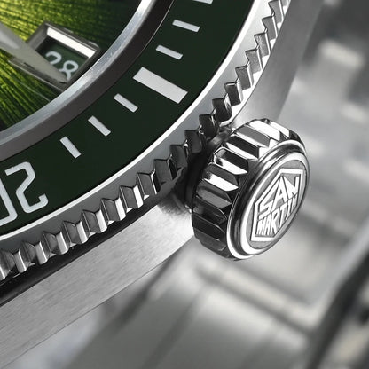 Close-up of a watch with a brand logo on the crown, featuring a detailed view of the watch's design.