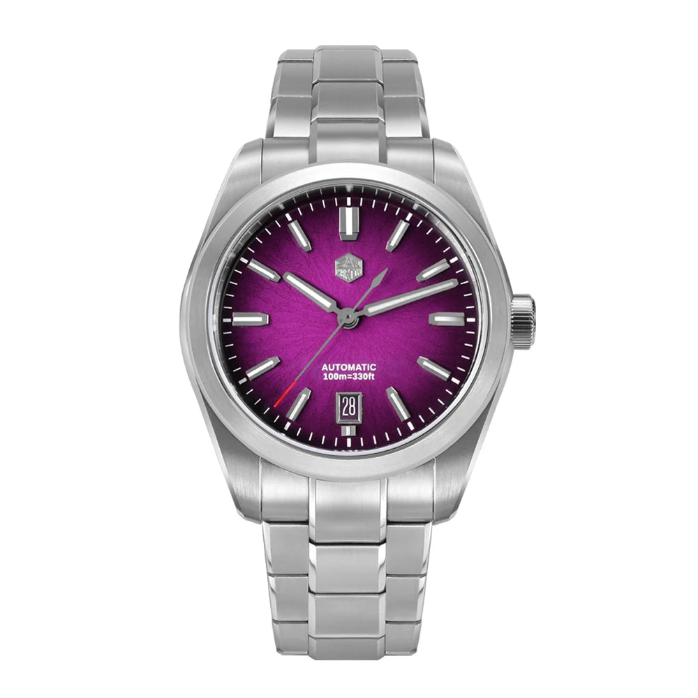 San Martin Horizon mvmt automatic watch with alarm and vibrant amethyst purple enamel dial.