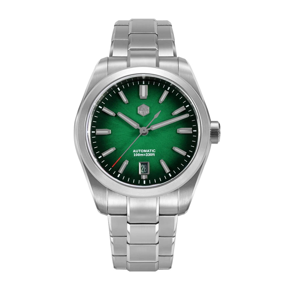 San Martin Horizon automatic mechanical watch with alarm featuring emerald green enamel dial and sapphire crystal.