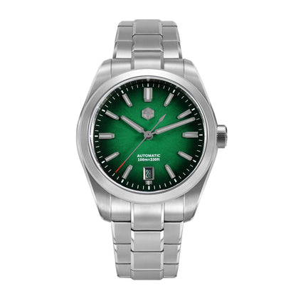 San Martin Horizon automatic mechanical watch with alarm featuring emerald green enamel dial and sapphire crystal.