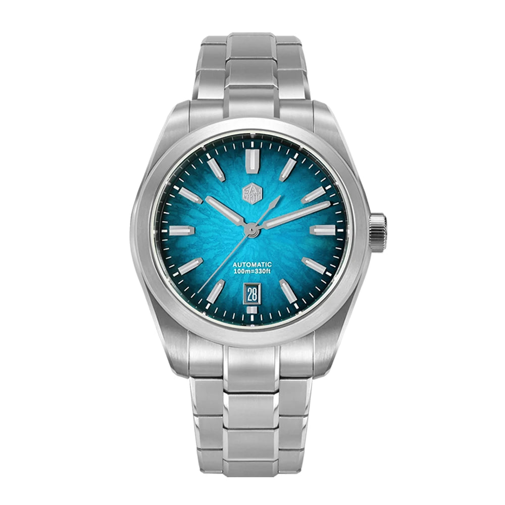 San Martin Horizon mechanical alarm wrist watch with lagoon blue enamel dial and polished steel bracelet.