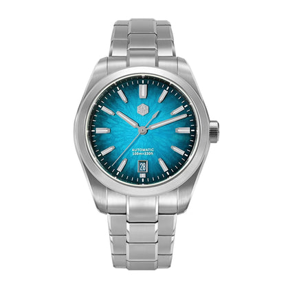San Martin Horizon mechanical alarm wrist watch with lagoon blue enamel dial and polished steel bracelet.