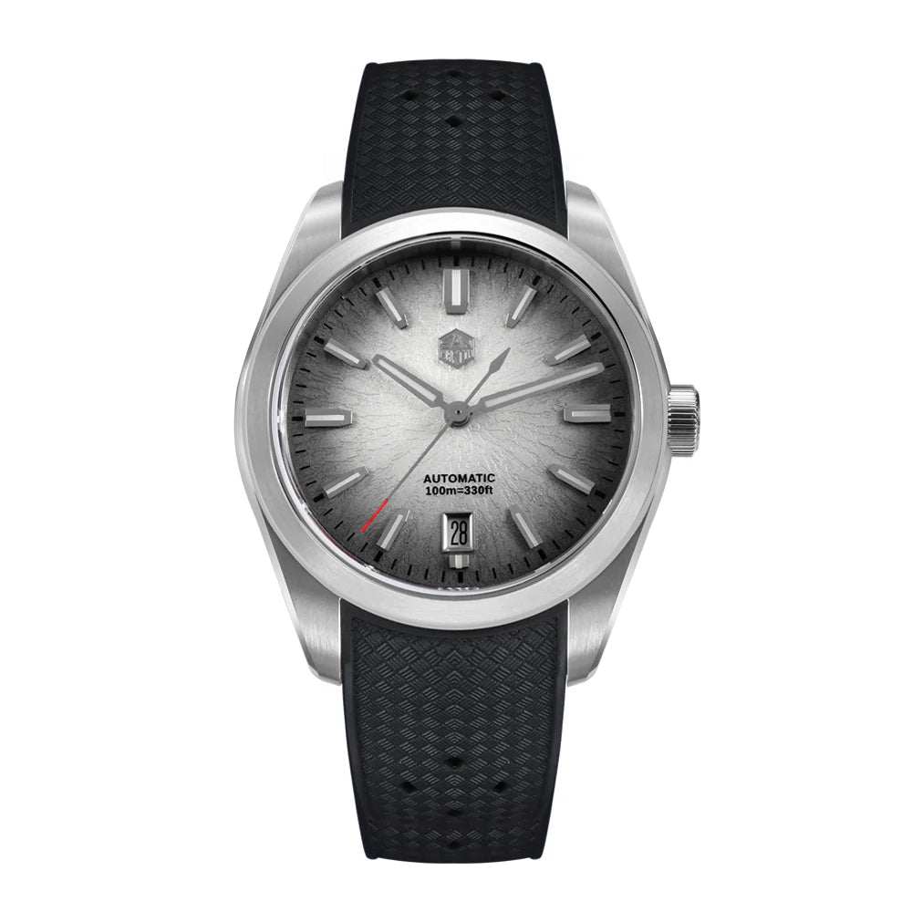 San Martin Horizon SN0144 automatic watch for men featuring elegant frost gray dial with 316L stainless-steel case and luminous hands.