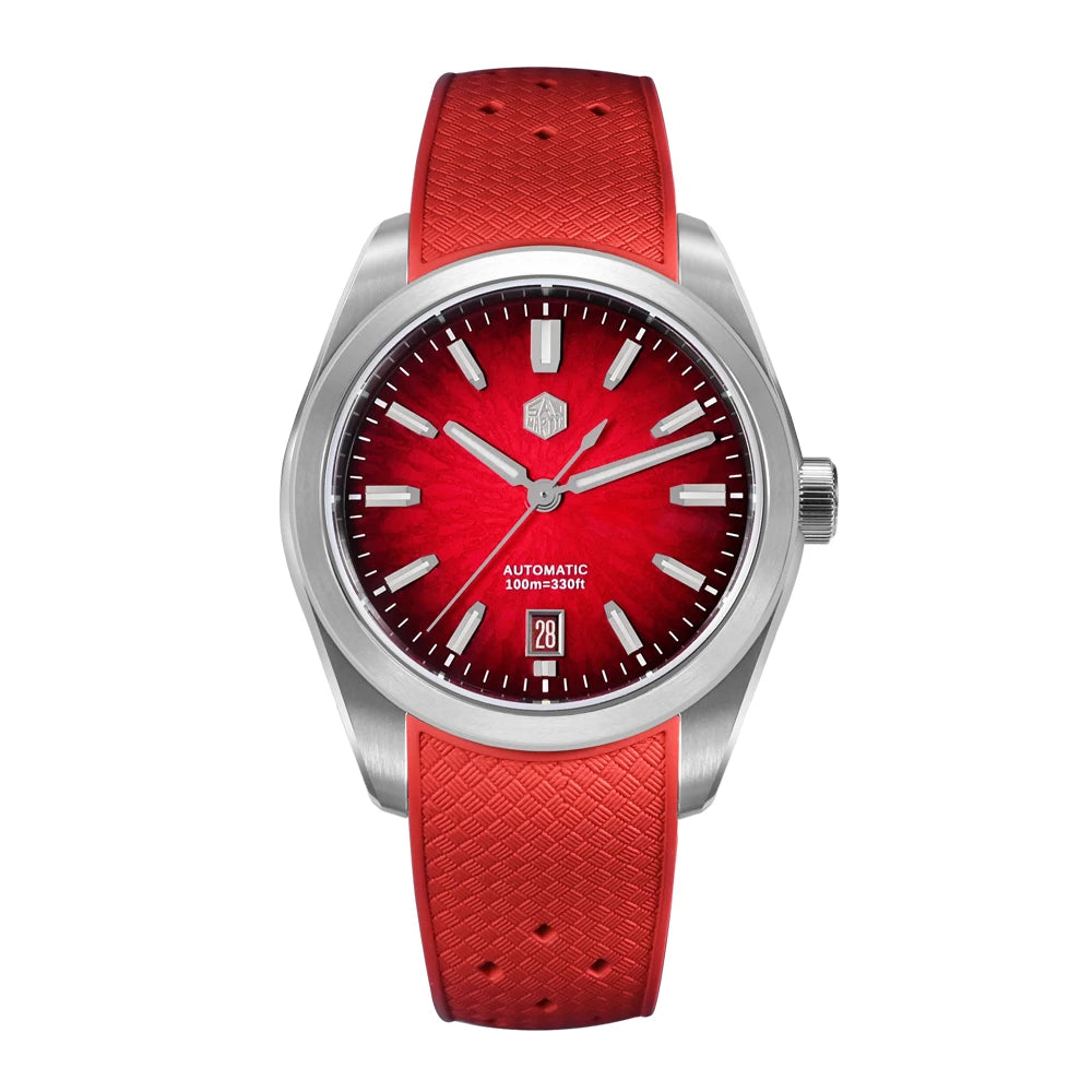 San Martin Horizon SN0144 automatic watch for men displaying a vibrant red enamel dial with luminous markers and polished steel casing.