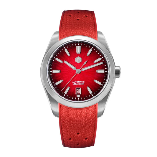 San Martin Horizon SN0144 automatic watch for men displaying a vibrant red enamel dial with luminous markers and polished steel casing.