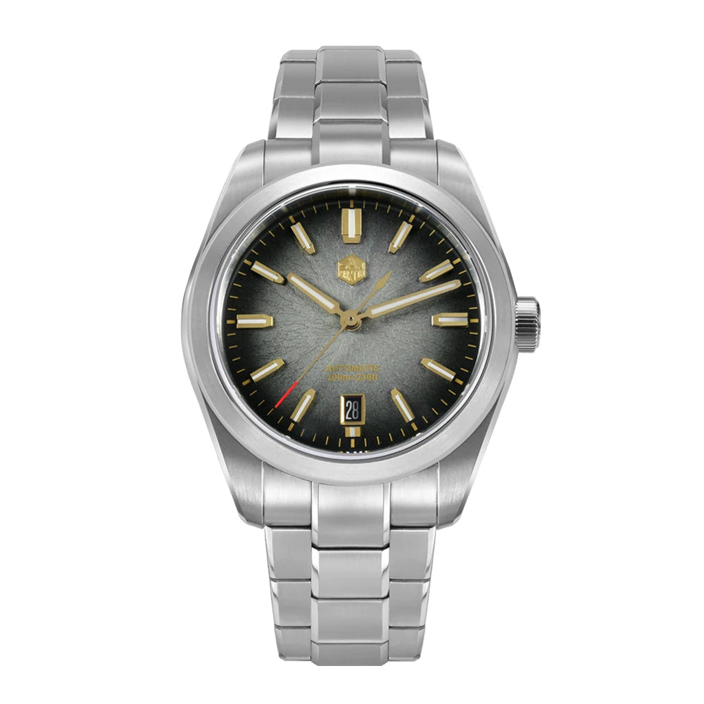 San Martin Horizon swiss automatic watch with alarm showcasing shadow grey dial and gold luminous markers.