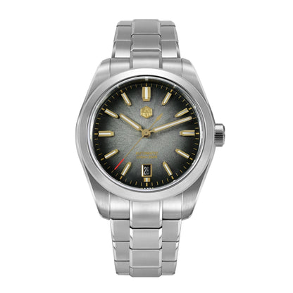 San Martin Horizon swiss automatic watch with alarm showcasing shadow grey dial and gold luminous markers.