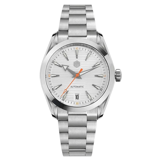 San Martin luxury men’s automatic watch with white dial, orange hands, sapphire crystal, and stainless steel bracelet.