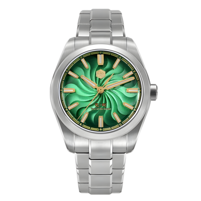 San Martin Snake Year Guilloche Limited Edition men’s automatic watch with green dial, gold-tone markers, water resistant 10ATM.