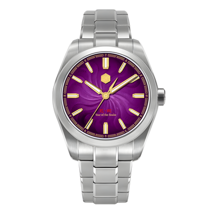 San Martin Snake Year Limited Edition men’s automatic watch with purple guilloche dial, gold hands, sapphire crystal.