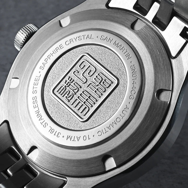 Engraved stainless steel screw-down caseback of San Martin men’s automatic watch with sapphire crystal.