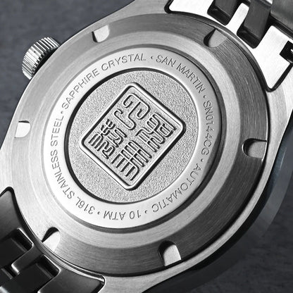 Engraved stainless steel screw-down caseback of San Martin men’s automatic watch with sapphire crystal.
