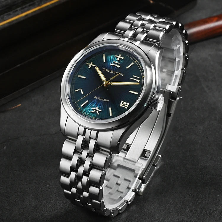 San Martin men’s automatic wristwatch with grey blue sunburst dial and stainless steel bracelet.