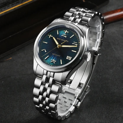 San Martin men’s automatic wristwatch with grey blue sunburst dial and stainless steel bracelet.