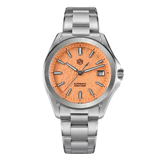 San Martin GADA Sport automatic men’s watch with vibrant orange textured dial and luminous hands.