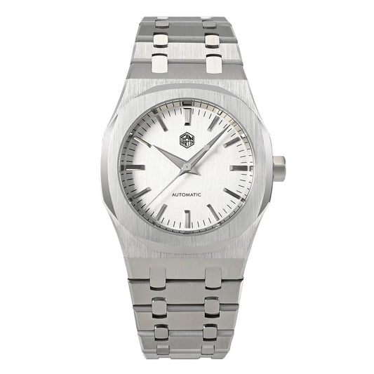 Luxury San Martin Oak Automatic men’s watch with silver dial, hexagon logo, stainless steel bracelet, elegant design