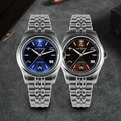 San Martin men’s automatic watches with stainless steel bracelet, featuring sunburst navy blue and brown dials.