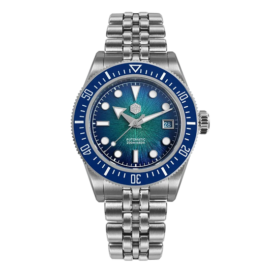 San Martin Ocean Radiance watch with blue enamel sunburst dial and 200M water resistance