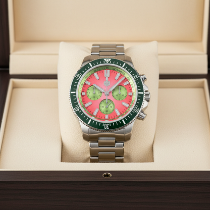 San Martin SL4801 chronograph diver watch presented in luxury wooden box with stainless steel bracelet