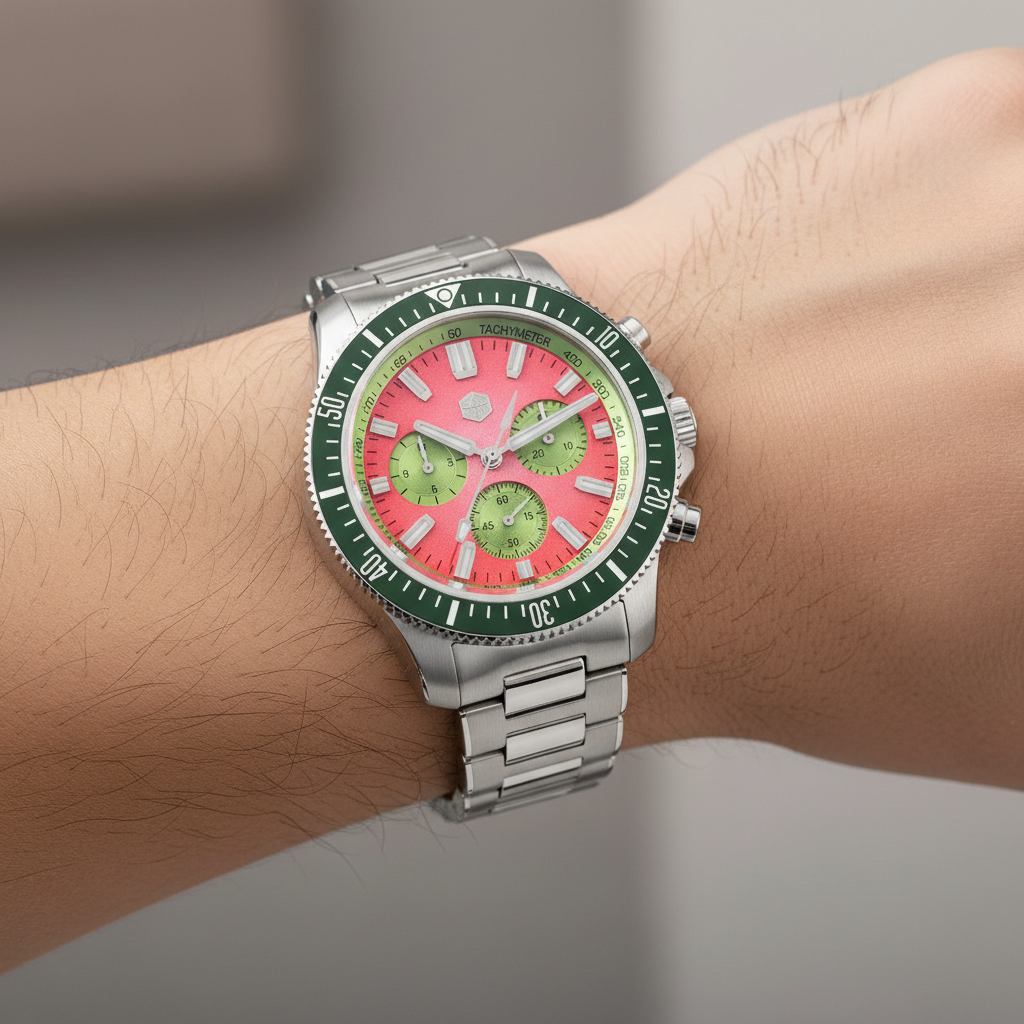 San Martin SL4801 automatic chronograph diver watch worn on wrist showing green bezel and bold pink dial