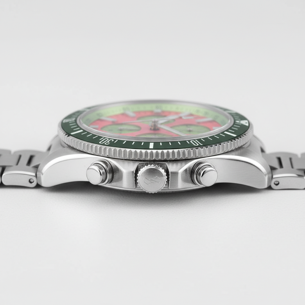San Martin SL4801 chronograph diver watch side profile showing brushed stainless steel case and pushers