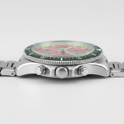 San Martin SL4801 chronograph diver watch side profile showing brushed stainless steel case and pushers