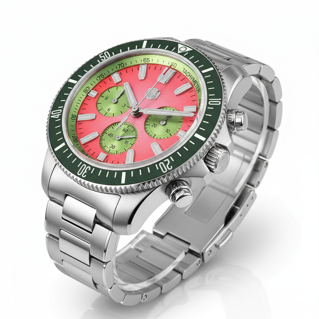 San Martin SL4801 automatic chronograph diver watch with green bezel and pink dial shown in three quarter studio angle
