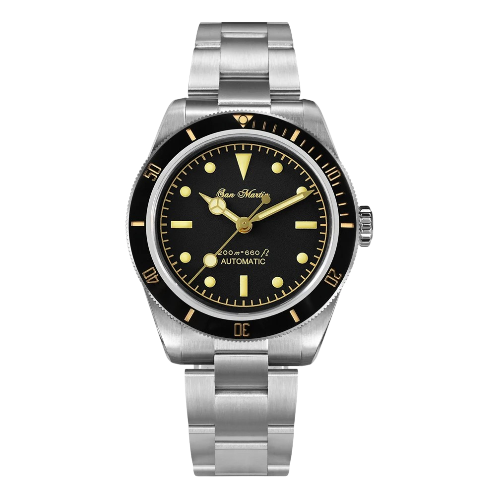 San Martin SN0004G - Black Automatic Dive Watch Mercedez hands Version