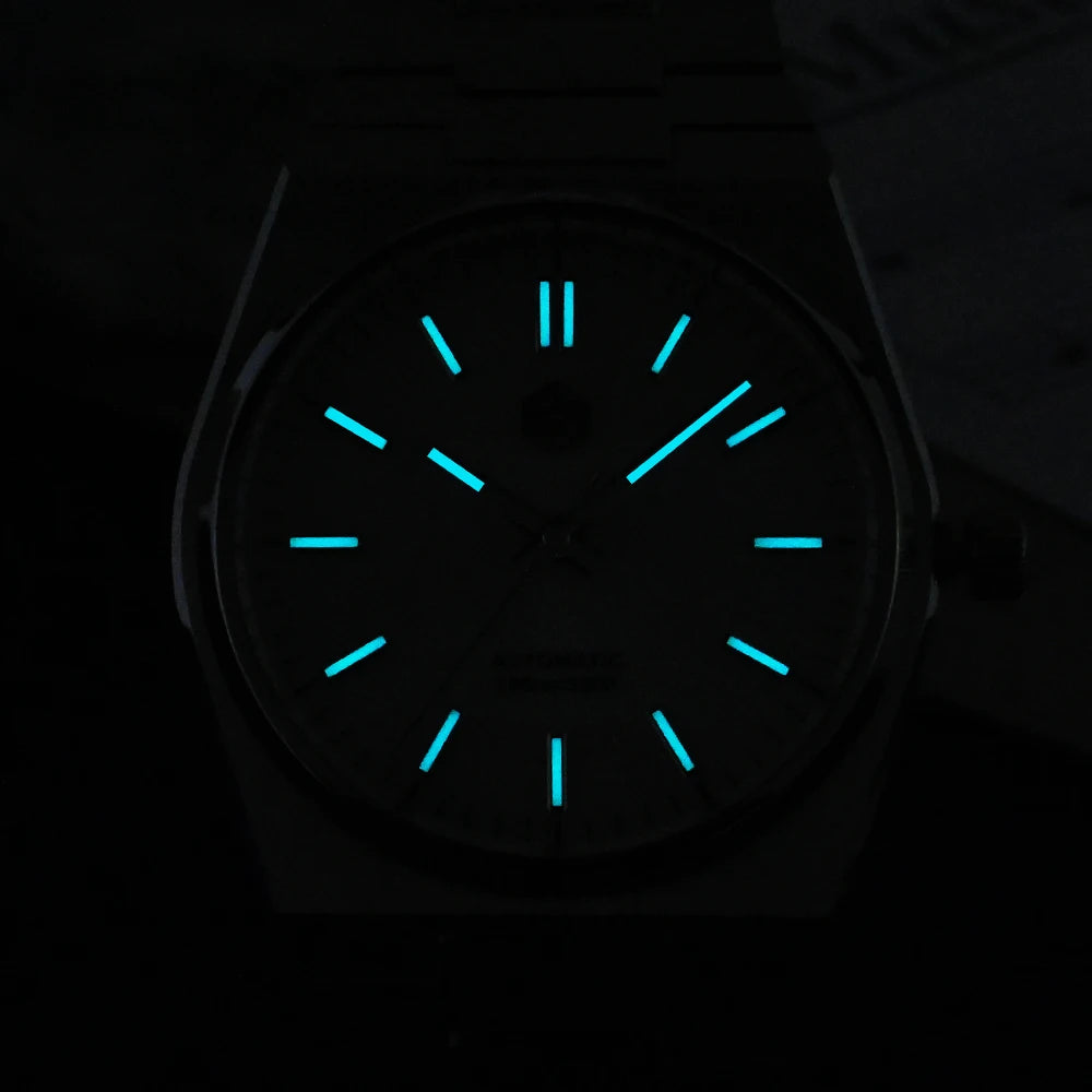 San Martin SN0023 – Men’s Automatic Watch – BGW9 Lume – Glowing Blue Markers in Darkness