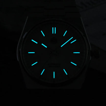 San Martin SN0023 – Men’s Automatic Watch – BGW9 Lume – Glowing Blue Markers in Darkness