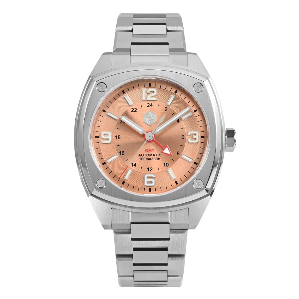 San Martin SN0026G Men’s Square GMT Automatic Watch with stainless steel bracelet and copper sunburst dial, featuring 24-hour inner scale and red GMT hand, front view on white background.