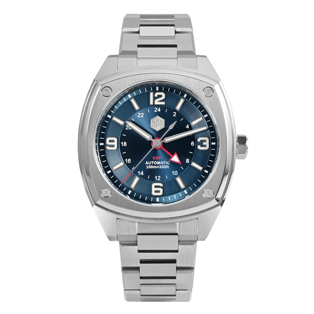 San Martin SN0026 GMT – Men’s Square Automatic Watch – Blue Dial – 316L Stainless Steel Bracelet