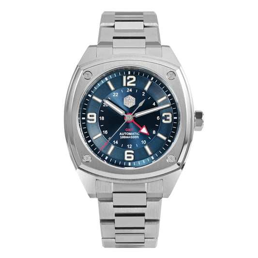 San Martin SN0026 GMT – Men’s Square Automatic Watch – Blue Dial – 316L Stainless Steel Bracelet