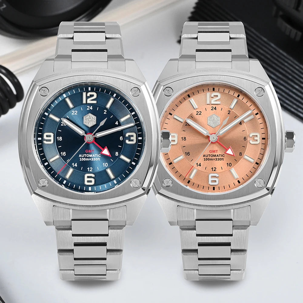 San Martin SN0026 GMT – Men’s Square Automatic Watch – Copper Rose Dial – Luminous Hands and Indices