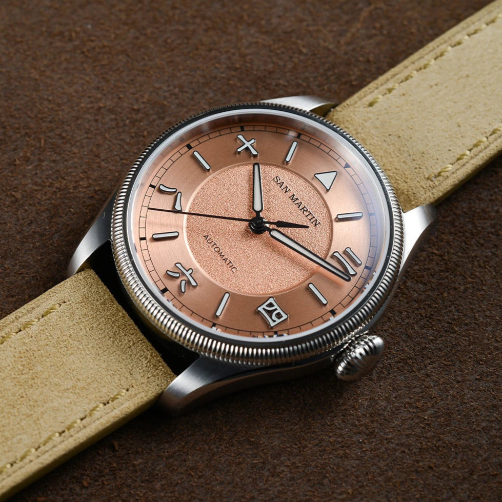 San Martin SN0033 – Men’s Automatic Pilot Watch – Copper Textured Dial – Sand Suede Strap – Stainless Steel Case Detail