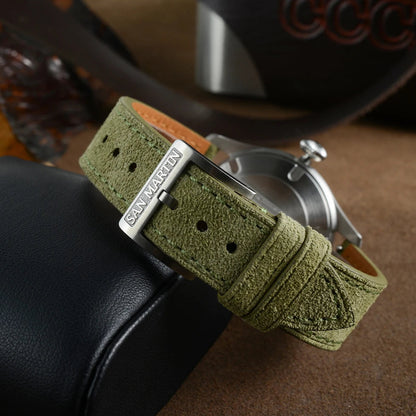 San Martin SN0033 – Men’s Automatic Watch – Olive Green Suede Strap – San Martin Buckle Engraving – Field Style Finish