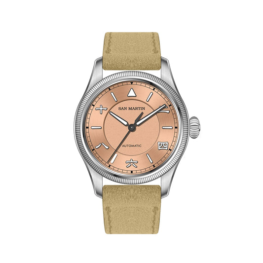 San Martin SN0033 – Men’s Pilot Automatic Watch – Copper Dial – Beige Suede Strap – Sapphire Crystal 39.5mm
