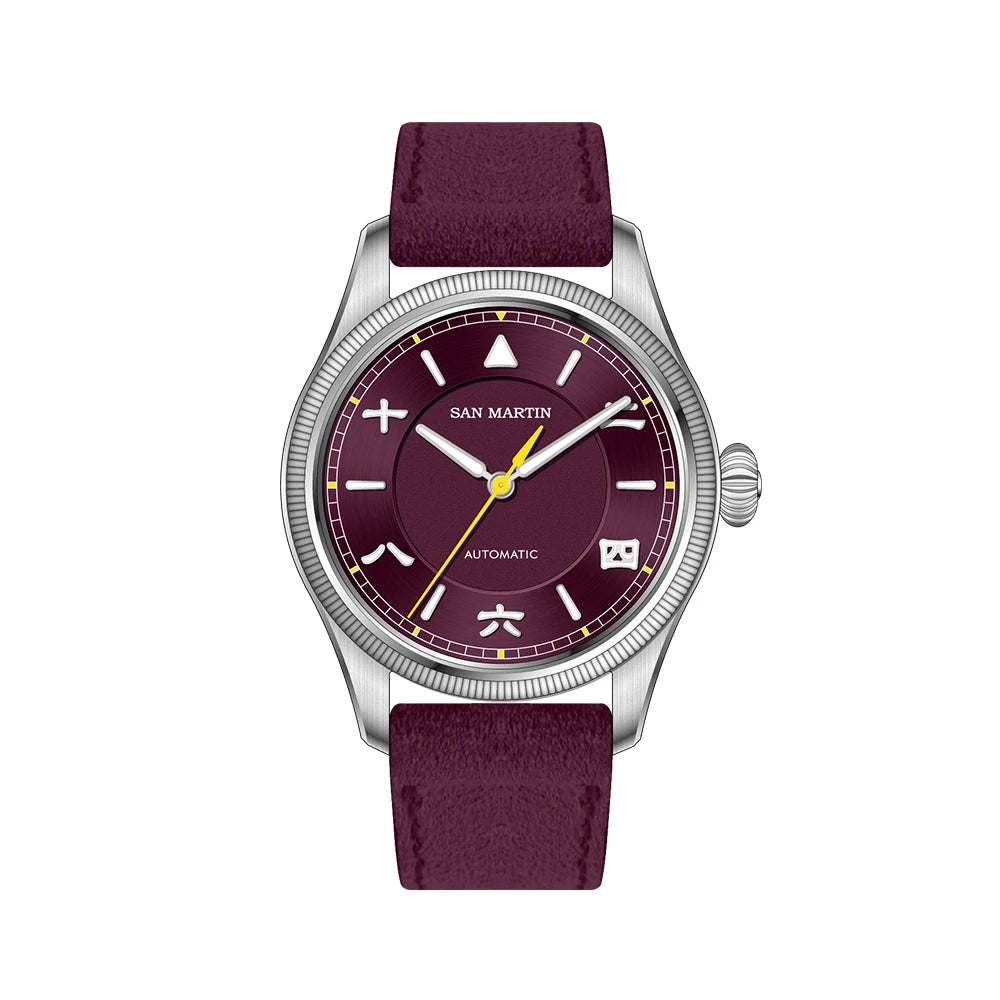 San Martin SN0033 – Men’s Pilot Automatic Watch – Burgundy Dial – Wine Leather Strap – Yellow Seconds Hand