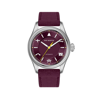 San Martin SN0033 – Men’s Pilot Automatic Watch – Burgundy Dial – Wine Leather Strap – Yellow Seconds Hand