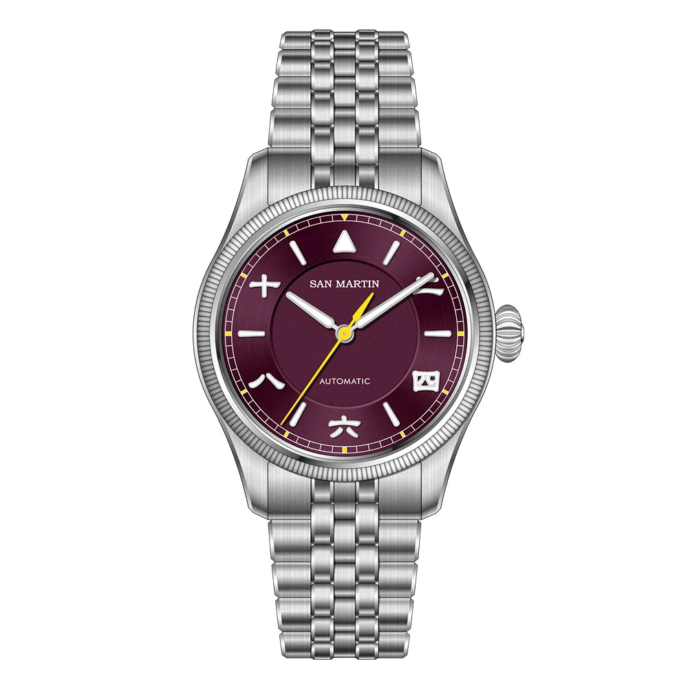San Martin SN0033 – Men’s Pilot Automatic Watch – Burgundy Dial – Yellow Seconds Hand – 316L Steel Bracelet – Dress Style