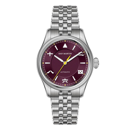 San Martin SN0033 – Men’s Pilot Automatic Watch – Burgundy Dial – Yellow Seconds Hand – 316L Steel Bracelet – Dress Style