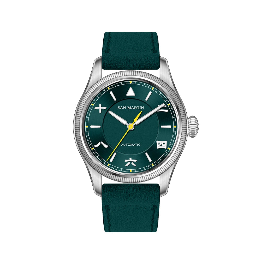 San Martin SN0033 – Men’s Pilot Automatic Watch – Deep Green Dial – Dark Teal Leather Strap – Yellow Hand Accent