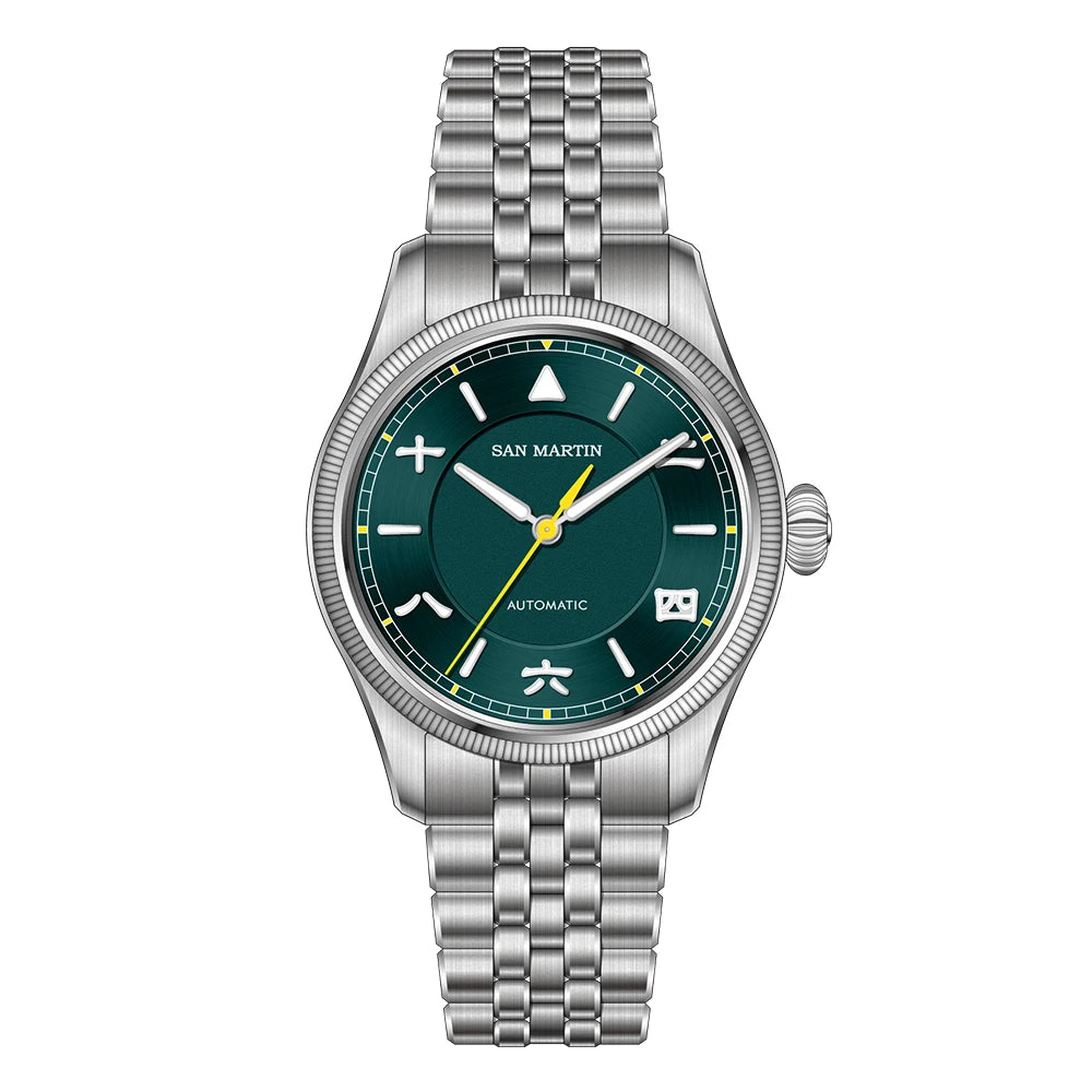 San Martin SN0033 – Men’s Pilot Automatic Watch – Deep Green Dial – Yellow Seconds Hand – Stainless Steel Bracelet – Aviation Design