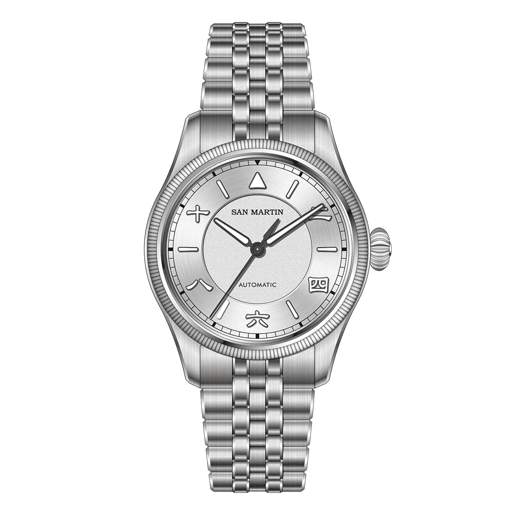 San Martin SN0033 – Men’s Pilot Automatic Watch – Silver Dial – Stainless Steel Bracelet – Top Hat Sapphire Crystal – 39.5mm Case