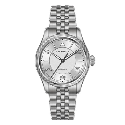 San Martin SN0033 – Men’s Pilot Automatic Watch – Silver Dial – Stainless Steel Bracelet – Top Hat Sapphire Crystal – 39.5mm Case