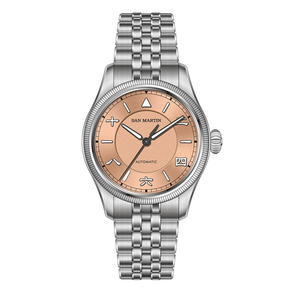 San Martin SN0033 – Men’s Pilot Mechanical Watch – Copper Sand Dial – Sapphire Top Hat Crystal – Applied Chinese Markers