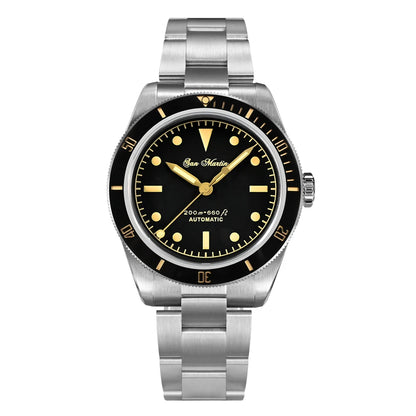 San Martin SN004 Black Gilt Automatic Dive Watch – Gold Markers Vintage Style